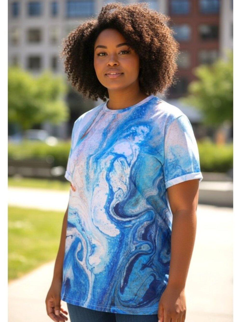Pixie Lady Pink & Blue Marble Print Short Sleeve Crew Neck Tee Size XL NWT